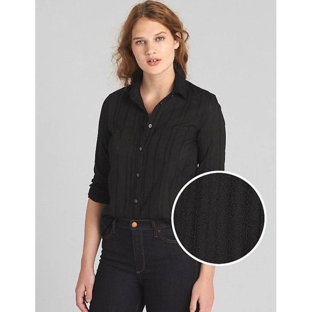 Gap Womens Fitted Boyfriend Shirt Black Cotton Dobby Stripe Long Sleeve Size M